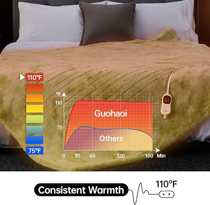 Guohaoi Heated Blanket Electric Throw, Soft Faux Rabbit Fur Electric Blanket with 10 Heating Levels 5 Sitting Timer Auto Off, Cozy Warm Heating Blankets, Machine Washable(62"×84" Light Green)
