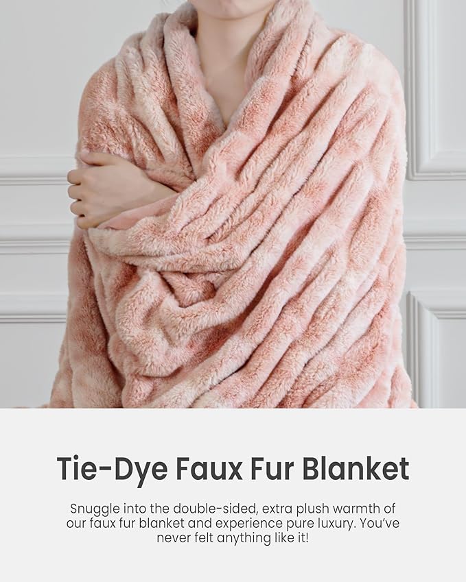 Ultra Soft Faux Rabbit Fur Throw Blanket, Cozy Fuzzy Blanket for Couch Bed, Plush Warm Decor Gifts, Luxury Thick Fluffy Blanket for Women, 60x80 inches, Tie-Dyed in Pink