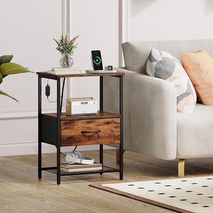Somdot Nightstand Set of 2 with Charging Station and LED Light for Bedroom, Bedside Table End Table for Dorm Guest Room Bedside Kids Laundry Closet Entryway Hallway, Wood Grain Print