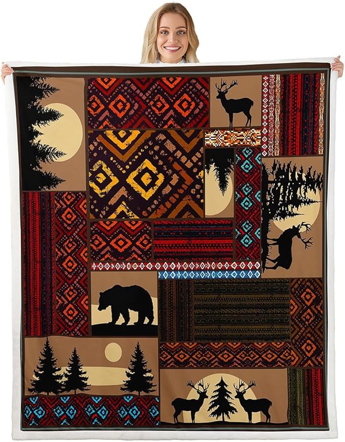 Deer Moose Bear Fleece Blanket Baby 30"X40",Boho Aztec Sherpa Blanket Western Rustic Woodland Throw Blanket For Bed Sofa Couch,Pine Tree Red Brown Stripe Bed Blanket For Country Lodge Cabin Decor