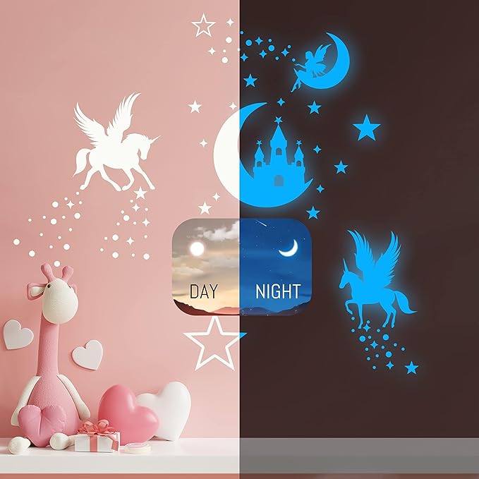 Glow in The Dark Unicorn Wall Decal Sticker, Cute Fairy Girl Bedroom Star Decoration, Glowing Moon Castle Ceiling Decor for Nursery Room