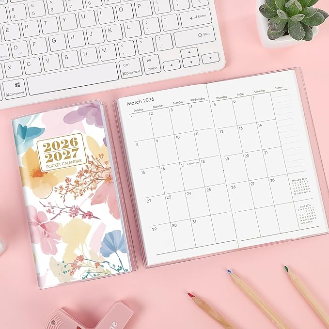 Pocket Calendar 2026-2027, Floral 2026-2027 Monthly Planner - 3.7" x 6.7" - Runs from January 2026 Until December 2027, 2026 Pocket Calendar with PVC Cover for Organizing & Planning