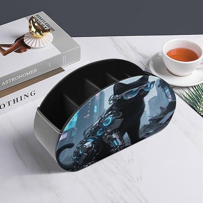 Black Cat Glasses Remote Control Holder Organizer Box with 5 Compartment PU Leather Bedside Storage Caddy Remote Organizer for Controller Media Player Pen/Pencil Storage