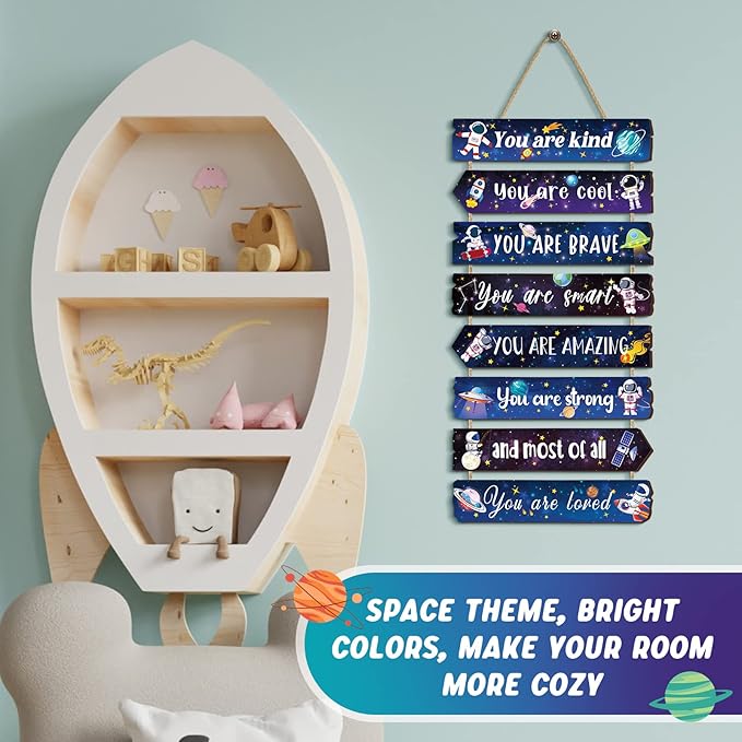 Inspirational Girl Room Decor Aesthetic Art Wall Hanging Sign Inspiring Colorful Rainbow Wooden Decoration for Kids Teens Toddler Boy Baby Bedroom Nursery Dorm Decor, 6-12 Years old (Space)