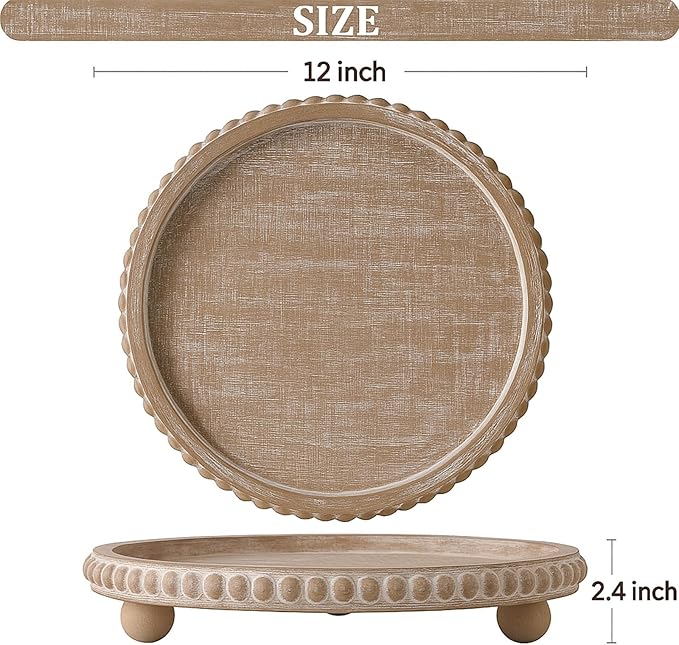 Decorative Coffee Table Tray, Round Wooden Tray Decor -Beige Beaded Distressed Rustic Farmhouse- Table Centerpieces for Dining Room Entryway Kitchen Counter Living Room