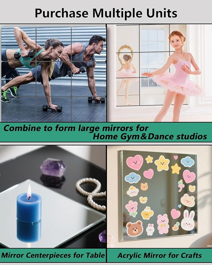 Shatterproof Peel And Stick on Mirror Tiles for Wall Decorative, 4 pcs 16”x16” Unbreakable Small Mirrors For Wall Classroom Decor, Toddlers Mirror for Kids Bedroom, Plastic Door Adhesive Mirrors