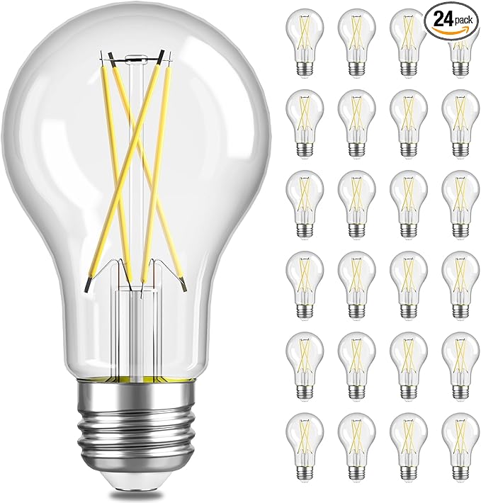 TJOY 24 Pack A19 Vintage LED Edison Bulbs, Dimmable, 60W Equivalent, High Brightness 5000K Daylight, Ultra-Bright, E26 Standard Base, 800 Lumens, CRI80+, Clear Glass Filament Bulb for Home