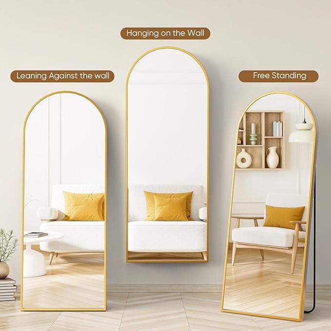 NEWBULIG Arched Full Length Mirror 24"x 65" for Bedroom, Full Body Mirror with Stand, Hanging or Leaning for Wall, Aluminum Alloy Thin Frame Floor Standing for Living Room, Long, Gold
