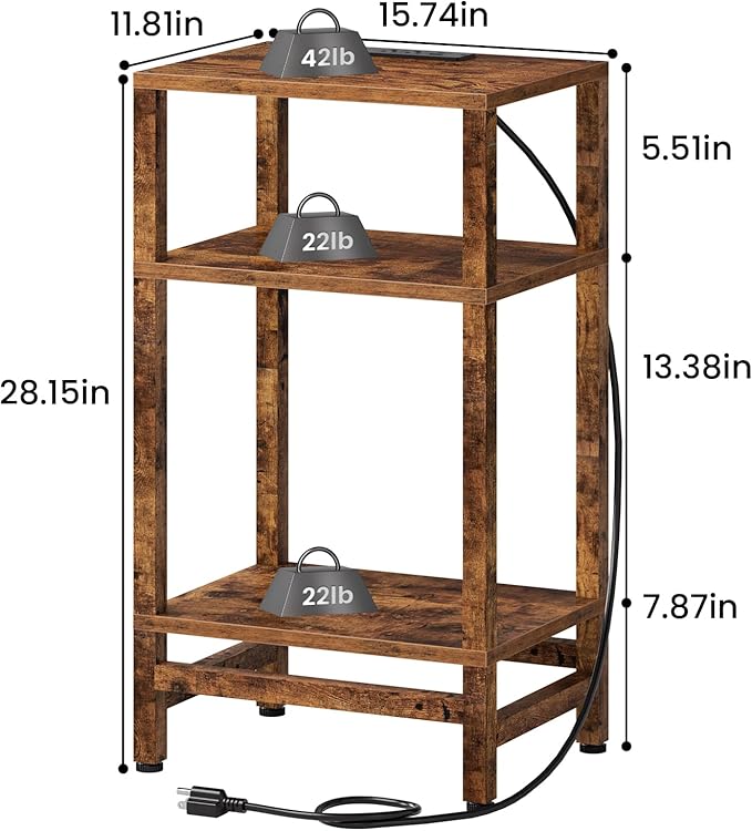 Side Table with Fast Charging Station, 3 Tier End Table with Type C and USB Port, Small Bedside Tables for Small Space, End Tables for Living Room, Bedroom, Office, Rustic Brown