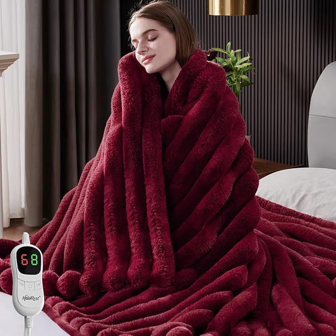 Heated Throw Blanket, Faux Fur Cozy Heating Blanket with Overheat Protection, 1/2/4/6/8 Hours Auto-Off 10 Heat Level, Machine Washable (62x84 Inches, Red)