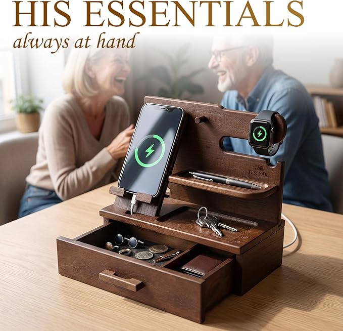TESLYAR Wood Phone Docking Station with Drawer - Nightstand Organizer - Desk Organizer for Husband - Birthday Gifts for Men, Dad, Anniversary Idea, Key Holder Stand Watch & Accessories (Bourbon Brown)