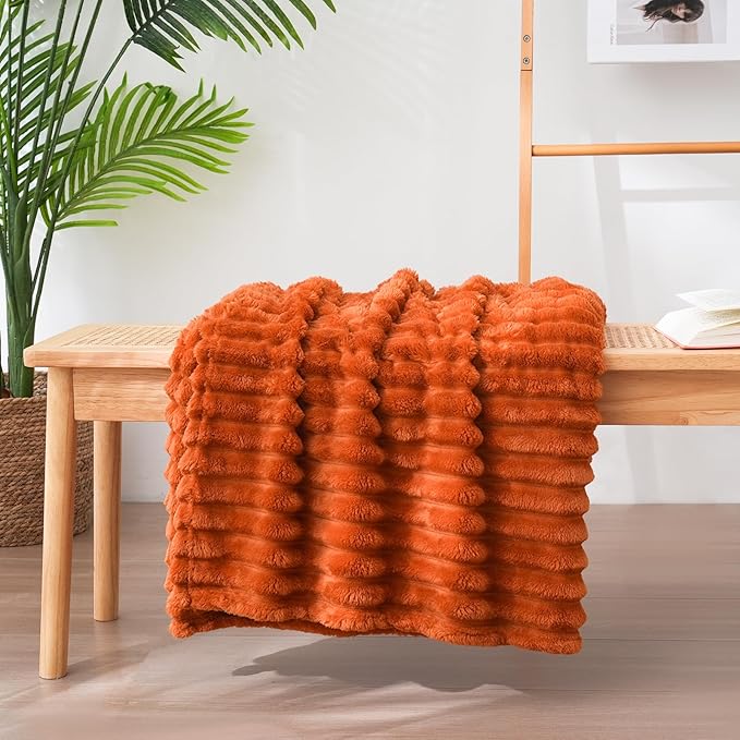 Vessia Flannel Fleece Throw Blanket for Couch, Sofa, Bed, 300GSM Striped Orange Throw Blanket for Kids, Super Soft Warm Cozy Lightweight Home Decor for All Seasons 50x40 inches