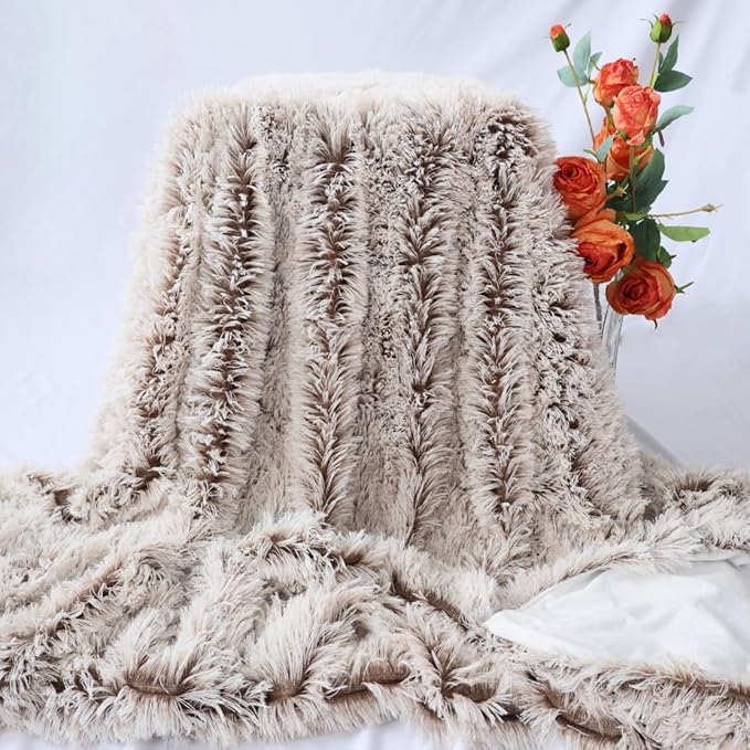 Plush Super Soft Blanket Bedding Sofa Cover Furry Fuzzy Fur Warm Throw Qulit Cozy Couch Blanket for Winter (63"x79",Brown and White)
