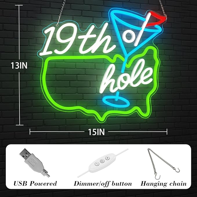 Golf Neon Sign for Wall Decor, Dimmable LED Golf Wall Lamp with 19th Hole Letter Sign, Light Up Sign for Man Cave, Bedroom, Office, Gym, Club, Party, Bar, Park, Birthday Gifts, 15 x 13 in