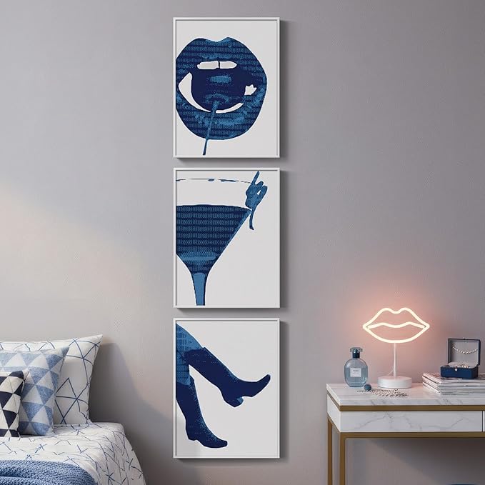 Framed Navy Blue Pop Wall Art for Room Decor, 3 Piece Funky Cocktail Boot Lip Artwork for Walls, Trendy Preppy Canvas Prints, Modern Blue Picture for Living Room Bedroom Apartment Wall Decor, 12x16 In