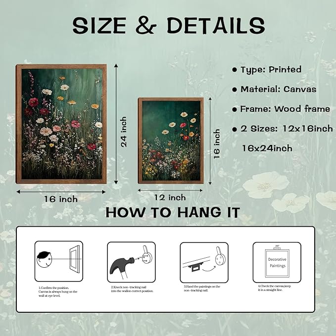 Vintage Wildflower Wall Art Set of 3, Dark Green Flower plant Canvas Prints Wall Decor, Gothic dark style pastoral landscape painting for Living Room Bedroom Farmhouse Home Decor 16x24in Wood Framed
