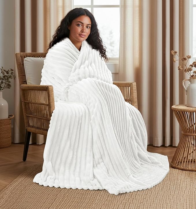 Utopia Bedding Off White Striped Fleece Blanket Twin Size – Fluffy, Warm & Lightweight Ribbed Throw for Bed, Sofa & Chair - Soft Cozy Blanket for Home Décor & Gifting (60x80 Inches)