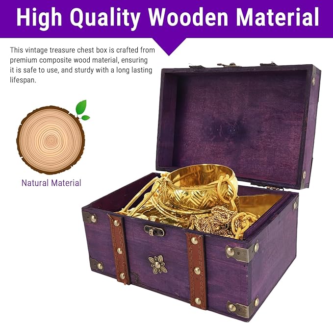 Vintage Treasure Chest Box, Wooden Jewelry Storage Box with Leather & Metal Accents, Decorative Retro Trunk for Home Bedroom Gifts (8.54x5.91x5.12in) (Purple)