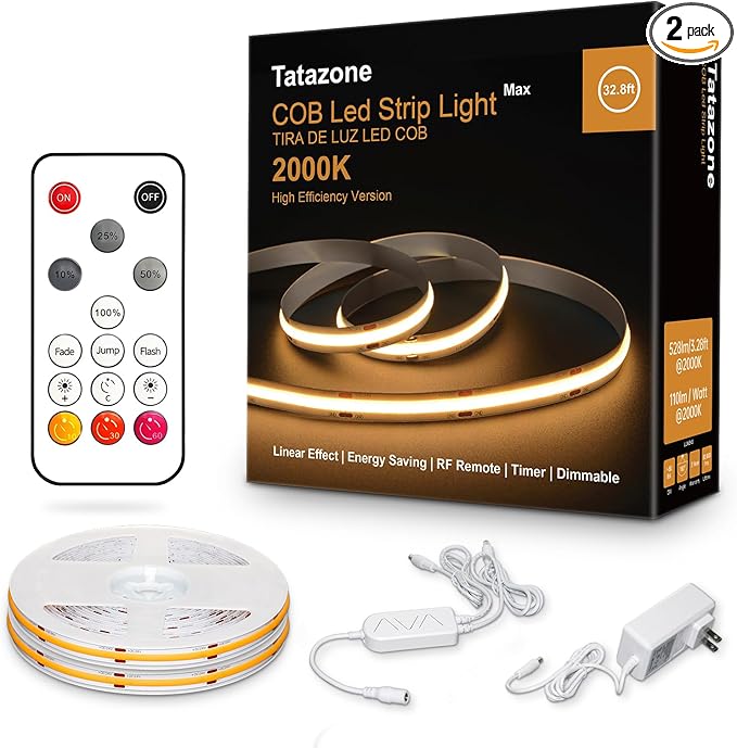 White COB Led Strip Lights Max with RF Remote, 32.8ft 2700K Dimmable Ultra Bright Warm Color COB Light Strip, Adhesive Indoor COB Led Lights for Living Room, Shelf, Cabinet