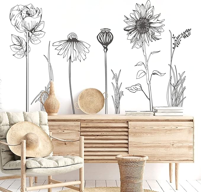 Black Simple Flower Plant Wall Decals, 2 Sheets Large Boho Floral Modern Wall Stickers Peel Stick Sketch Wildflower Wallpaper Art Decor for Bedroom Living Room Office Gifts for Mom(11.8x35.4 in/Sheet)