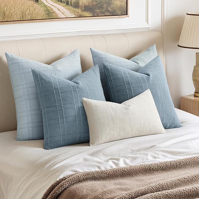 MIULEE Decorative Linen Check Euro Shams Throw Pillow Covers Neutral Farmhouse Vintage Pillow Covers 26x26 Set of 2 Boho Modern Home Decor for Sofa Couch Bedroom Cushion Coastal Blue