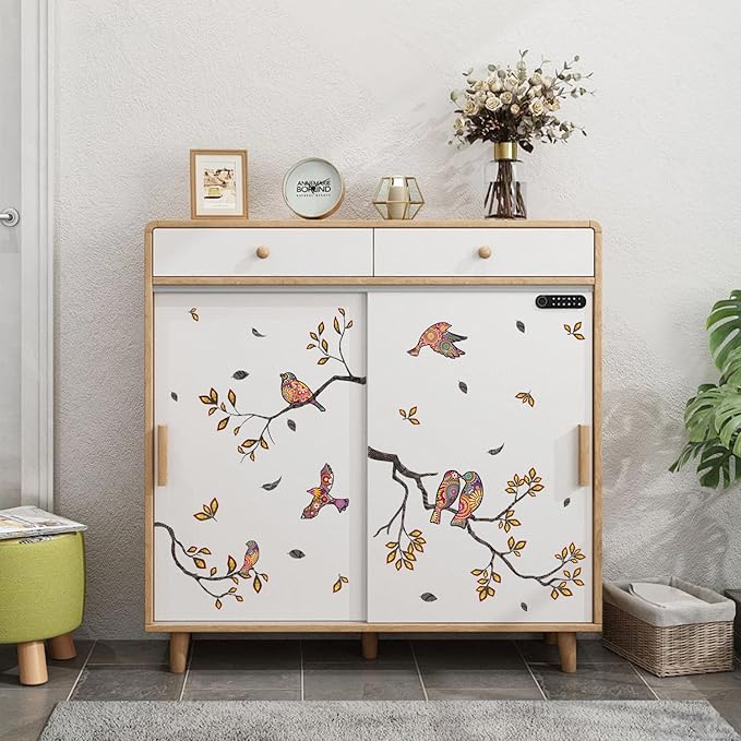 HLNIUC Chinoiserie Birds on Branches Window Clings 35”x12”Tree Branch and Bird Wall Decals in Colorful Flower Pattern Spring Summer Hummingbird Room Sticker DIY Floral Bird Wall Stickers for Bedroom