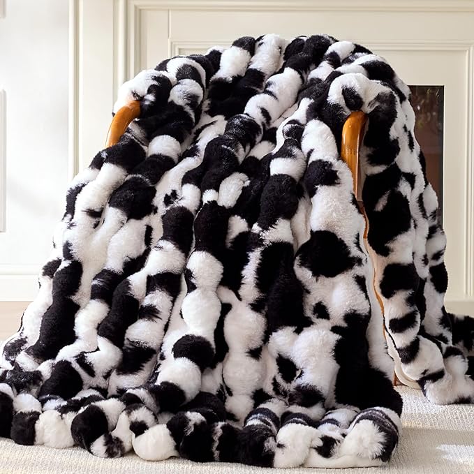 Faux Fur Throw Blanket, 1000GSM Fluffy Soft Bubble Blanket for Couch Bed, Cozy Plush Warm and Thick Blanket, Fuzzy Rabbit Throw for Living Room Bedroom 80''*90'' Cow Black