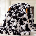Faux Fur Throw Blanket, 1000GSM Fluffy Soft Bubble Blanket for Couch Bed, Cozy Plush Warm and Thick Blanket, Fuzzy Rabbit Throw for Living Room Bedroom 60''*80'' Cow Black