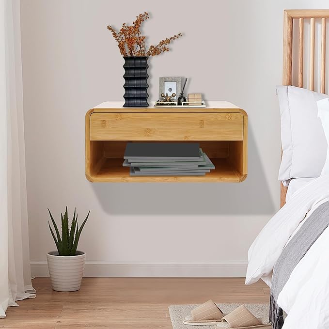 Bamboo Floating Nightstand with Storage Drawer, Wall Mounted Bedside Table End Tables with Open Shelf, Bedside Cabinet Storage Organizer Case Display Box for Bedroom, Fully Assembled