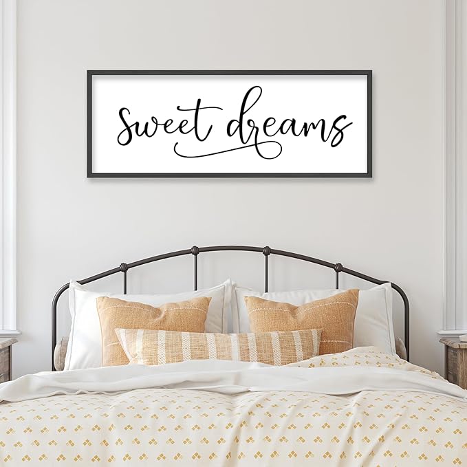 YWJKWLGS Sweet Dreams Wall Decor Sign 40x15 Inch Handwritten Art for Bedroom & Kids Room 40x15 Inch Above Over Bed Rustic Modern Farmhouse Large Wooden Framed Wall Hanging Art (Black)