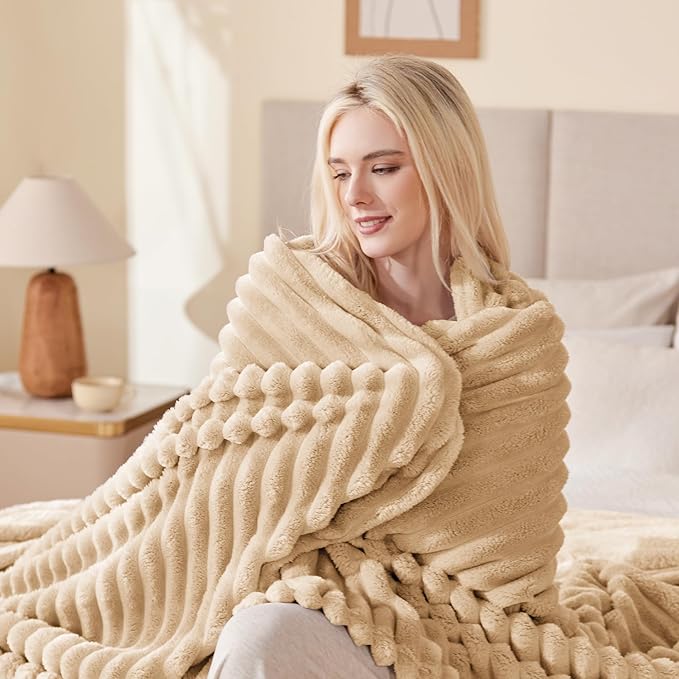 EXQ Home Fleece Throw Blanket for Couch or Bed - 3D Stripe Jacquard Decorative Blankets - Cozy Soft Lightweight Fuzzy Flannel Blanket Suitable for All Seasons(50"×60",Camel)