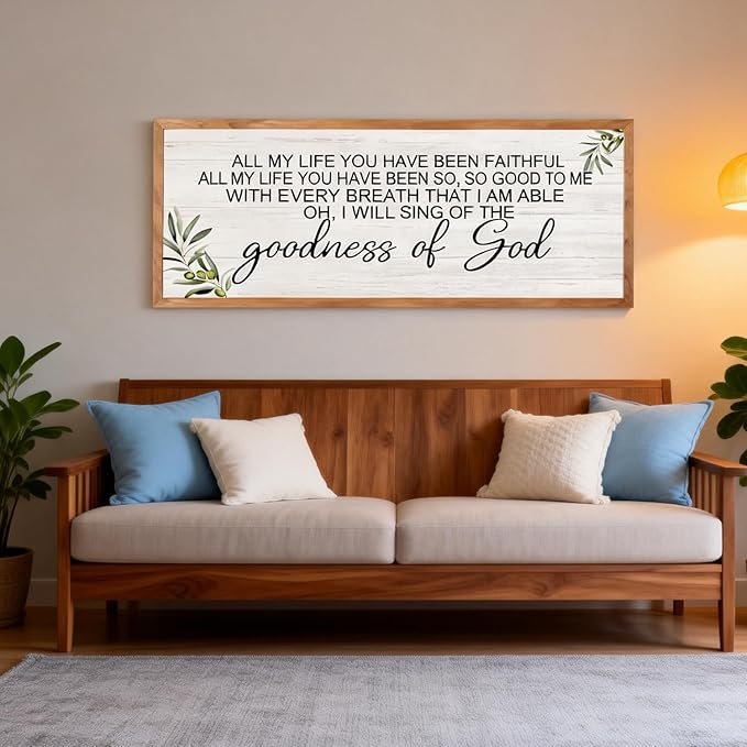 Goodness of God Christian Wall Decor: 40x15 Inch Large Framed Christian Inspirational Wall Art, Religious Scripture Quote Wooden Sign, Black Frame Christian Home Decor for Living Room Bedroom, Natural