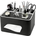 PU Leather Tissue Box Cover Square - Multifunctional Tissue Box Holder with Storage, Tissue and Remote Control Holder Organizer with Compartments for Bedroom Nightstand, Desk, Living Room (Black)