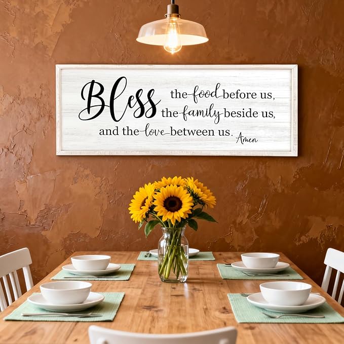 Bless the Food Before Us, the Family Beside Us, and the Love between us Framed Wall Art for Dining Room, 40''×15'' Holy Positive Religious Rustic Bible Verse for Christian God Jesus Christ Prayer