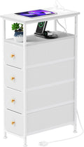 Narrow Bedside Table with USB Port, 4 Drawers Storage Cabinet, Nightstand with Power Socket, Suitable for Small Space Bedroom, Living Room, White
