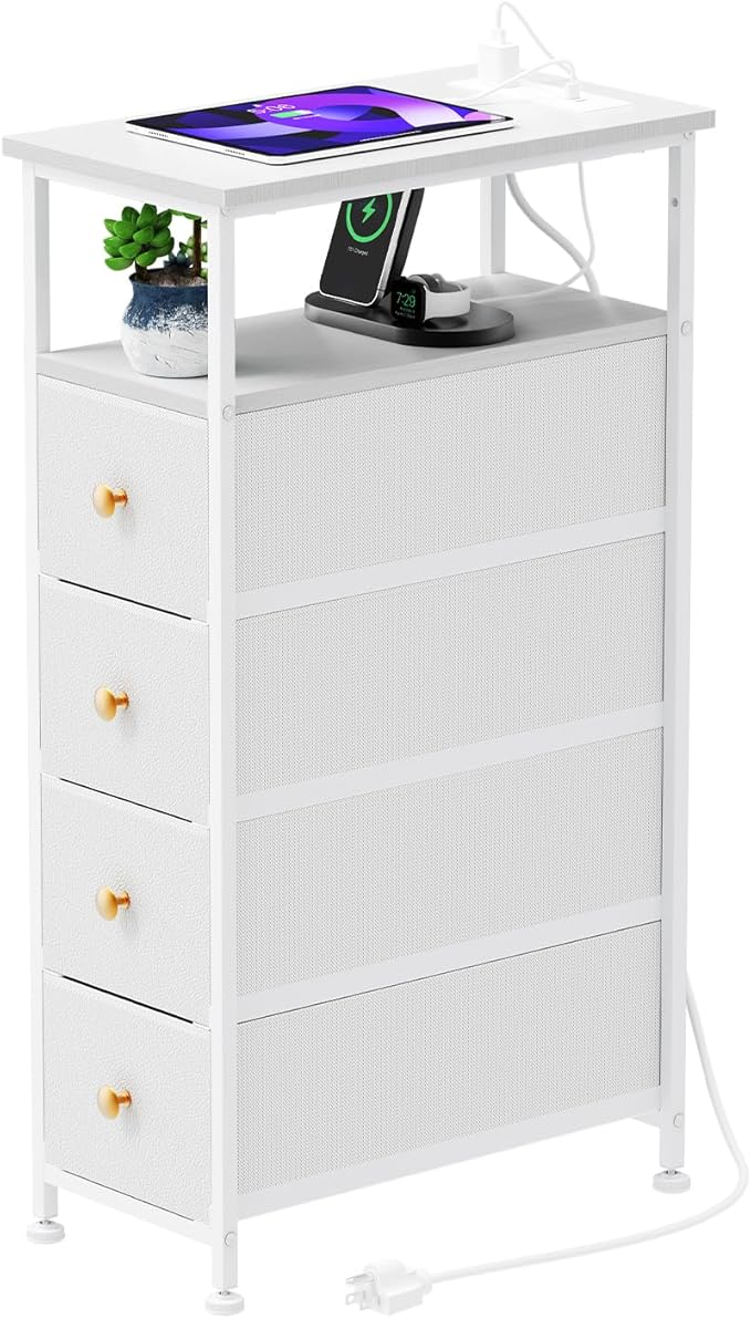 Narrow Bedside Table with USB Port, 4 Drawers Storage Cabinet, Nightstand with Power Socket, Suitable for Small Space Bedroom, Living Room, White