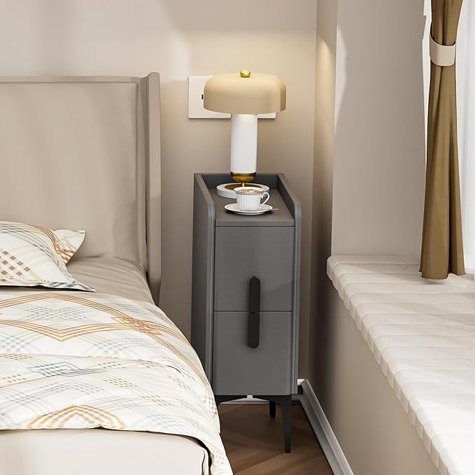 VICITON Narrow Nightstand with 2 Drawers, Narrow Side Table Leather Surface, Slim Bedside Table for Bedrooms, Dormitories, Living Rooms (Light Gray, 15.7" D x 7.8" W x 22.4" H)