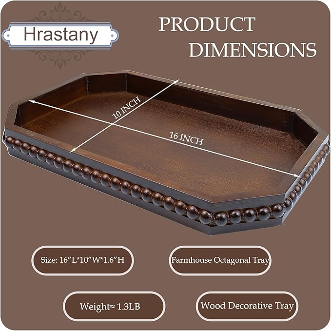 Hrastany Retro Brown Wood Serving Tray with Beads, Farmhouse Decorative Tray for Table Centerpiece, Christmas Wedding Halloween Home Decor