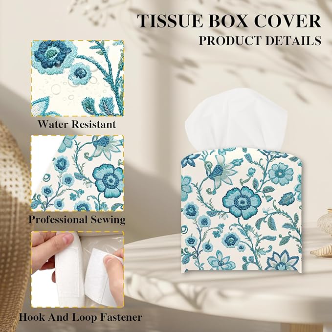 Vintage Floral Tissue Box Cover, Blue Flowers Tissue Holder Square with Bottom Belt for Home Bathroom Office Vanity Countertop, Housewarming Gifts Ideas for Women Friends Mom Bestie -04