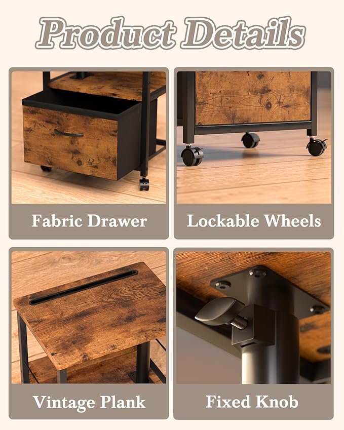 Swivel Lift Top Nightstand, 2-Tier 360° Adjustable Bedside Table, Rolling Night Stand with Wheels, Small End Table with Fabric Drawer, for Bedroom, Living Room, Rustic Brown