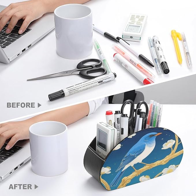 Blue Bird Flower Remote Control Holder Organizer Box with 5 Compartment PU Leather Bedside Storage Caddy Remote Organizer for Controller Media Player Pen/Pencil Storage