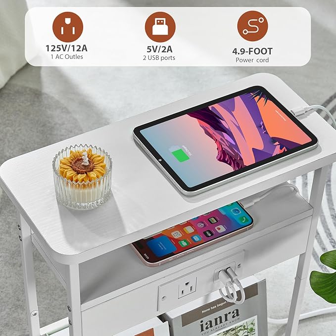Narrow Side Table with Charging Station, 3-Tier End Table with 2 USB Ports & Power Outlets,Thin Sofa Side Table for Narrow and Small Spaces, Bedside Table Nightstand for Living Room,White