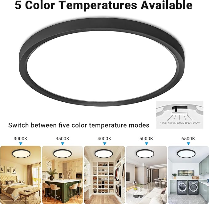 LED Flush Mount Ceiling Light,12Inch 24W,3000K/3500K/4000K/5000K/6500K 5 Color Temperatures Ceiling Light Fixture for Kitchen Porch Hallway Bedroom Bathroom and Closet,Black