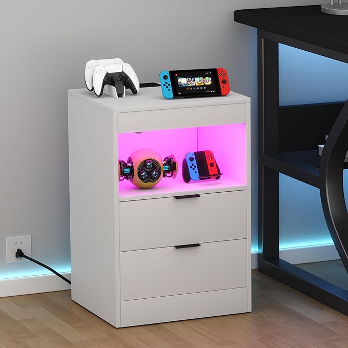 Yusong Night Stand with Gun Drawer & Invisible Lock, Bedside Table, LED Nightstand with Charging Station, Modern Night Stand, Wood Sofa Couch End Side Table with 2 Pull-Out Shelf, White