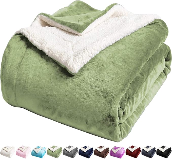 LBRO2M Sherpa Fleece Bed Blanket Twin Size Super Soft Fuzzy Plush Warm Cozy Fluffy Microfiber Couch Throw Velvet Double Reversible Luxurious Blankets,Sage Green