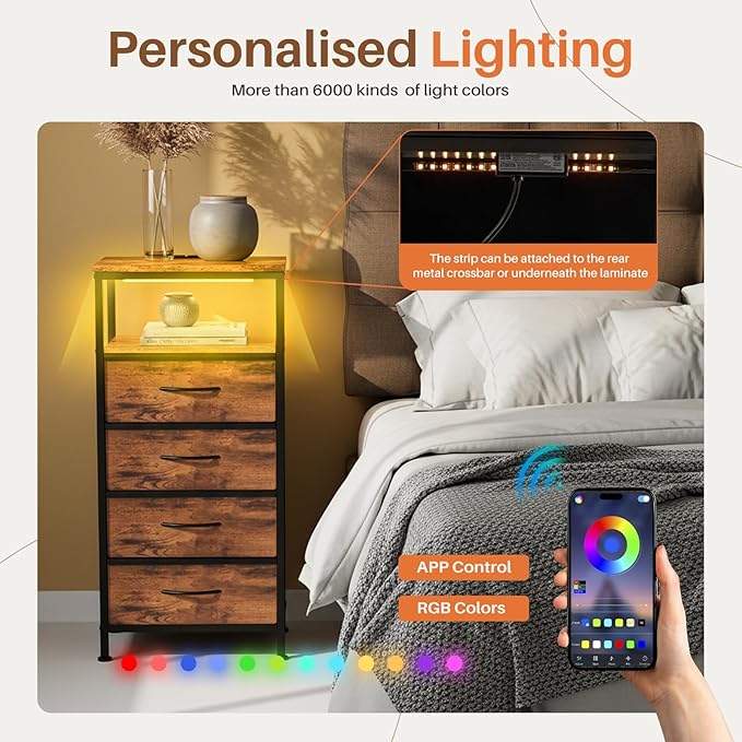 Sweetcrispy Nightstand with Charging Station, Bedside End Table with 4 Fabric Drawers & USB/Type-C Ports and Outlets, Night Stand for Bedroom Furniture, Adjustable Feet and Variable Light Strip, Rust