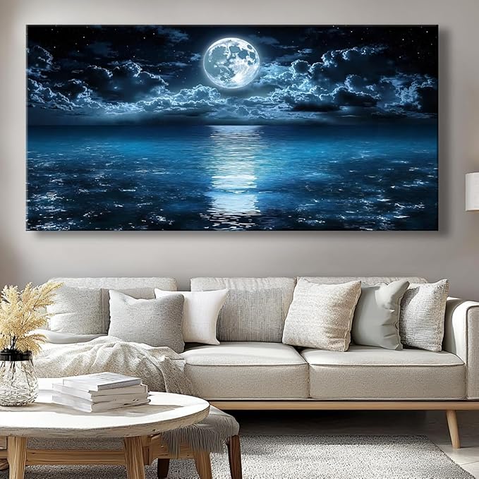 Big Moon Canvas Wall Art - Modern Seascape Paintings for Living Room, Bedroom Wall Decor, Framed Wall Art for Home or Office Decoration, Large Wall Art 48x24in