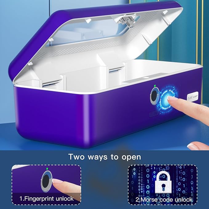 AICase Biometric Fingerprint Storage Box,AICase Portable Cash Jewelry Security Case Lock Box Safe,Combination Lock for Car, Home,Office Travel Blue
