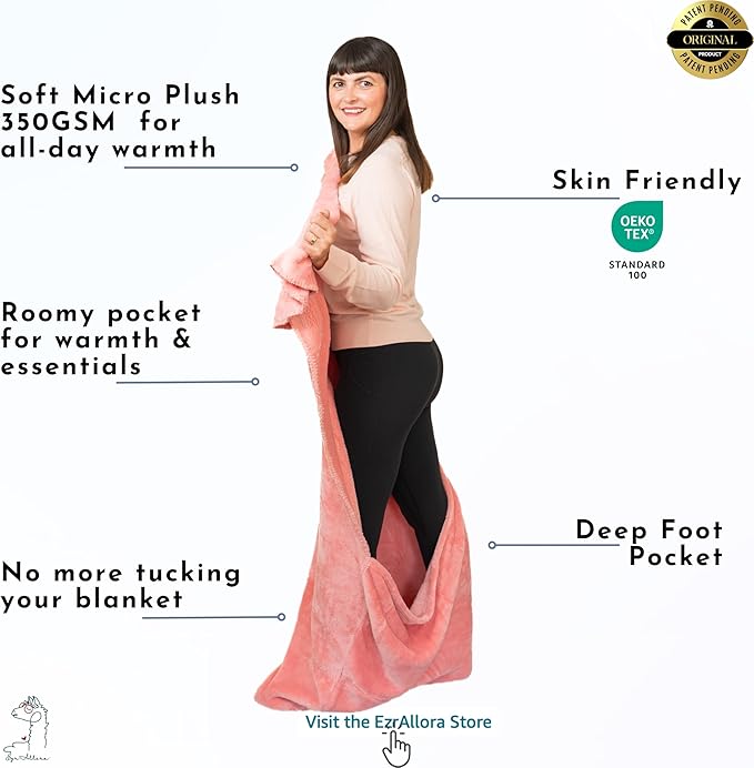 Premium Double Layer Foot Pocket Blanket with Marsupial Pocket - Dorm Gifts - TV Throw - Gifts for Men Who Want Nothing - Gifts for Dad - Lap Gamer Blanket (Fleece, Powder Pink)