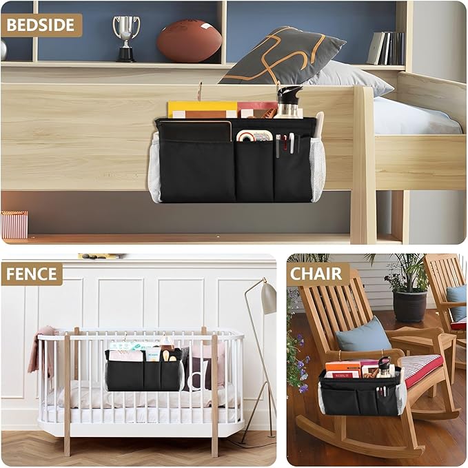 DOMIKING Black Bedside Caddy for Dorm Bed Recliner Armrest Organizer with Hooks Haning Holder for Bunk Bed Headboards Rails